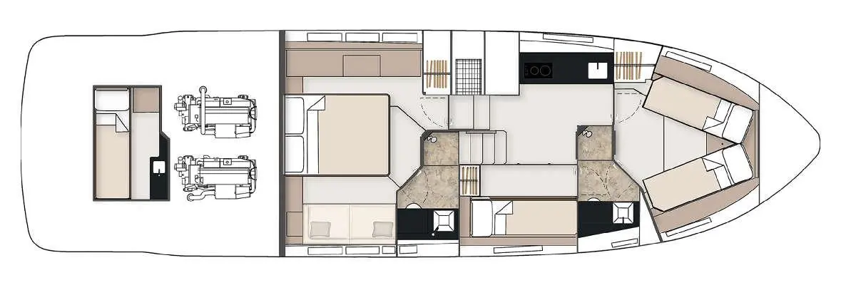 Boat interior layout featuring two bedrooms, a kitchen, and a lounge area with seating and two helm chairs.